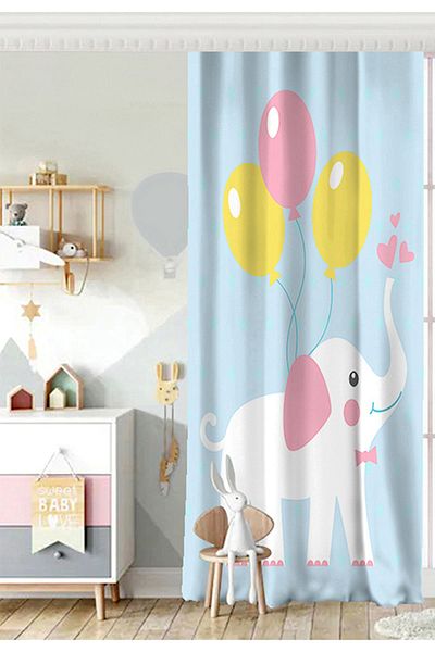 Realhomes Cortina de fundal pentru camera copiilor cu model de elefant și balon pe fundal albastru cu o singură aripă