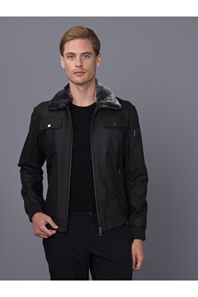 Basics&More سترة جلدية سوداء للرجال