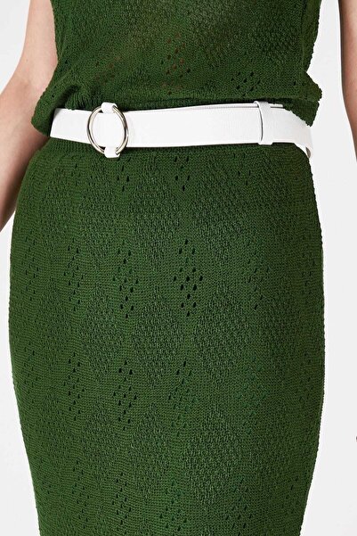 Versla Kadın Beyaz Kemer İnce Halka Deliksiz Ayarlı Kemer