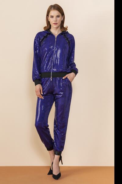 SERPİL Kadın Mor Kapişonlu Payetli Mont