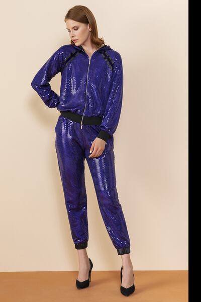 SERPİL Kadın Mor Kapişonlu Payetli Mont