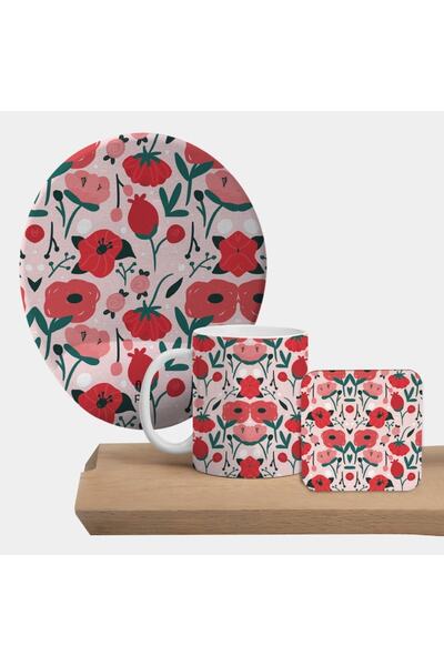 Flipped Red Flowers Kupa, Mousepad Ve Bardak Altlıklı Hediye Seti