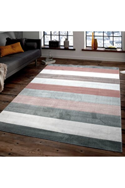 MODANOİVA Beyaz Gri Pembe Paralel Renkler Desenli Dijital Baskı Halı-mrc401