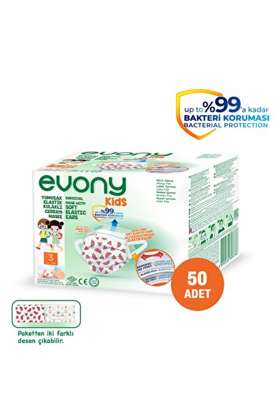 Evony Kids Yumuşak Elastik Kulaklı Renkli Çocuk Maskesi 50 Adet