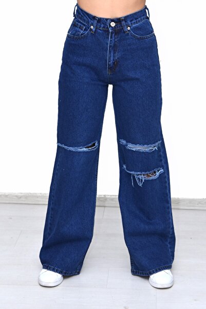 GRY MODA Kadın Mavi Yırtık Trend Jeans