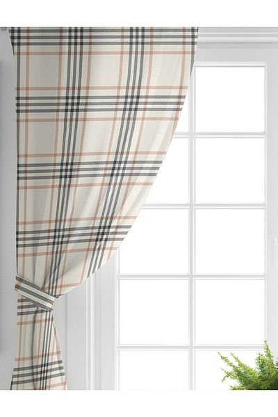 Realhomes Single Wing Cream Colored Plaid Patterned Decorative Living Room Background Curtain