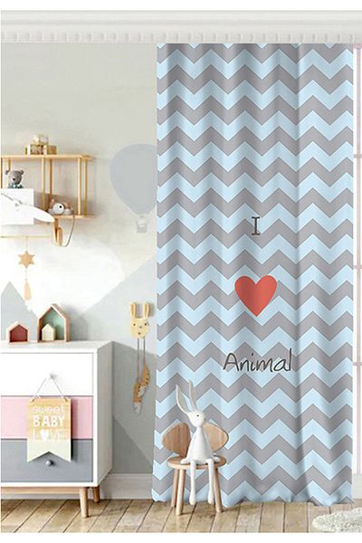 Realhomes O singură aripă Albastru Gri Zigzag I Love Animal Modele Cortina de fundal pentru cameră pentru copii