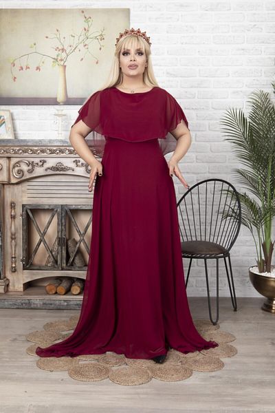 VOLİNAY TEKSTİL Women's Burgundy Plus Size Long Chiffon Evening Dress