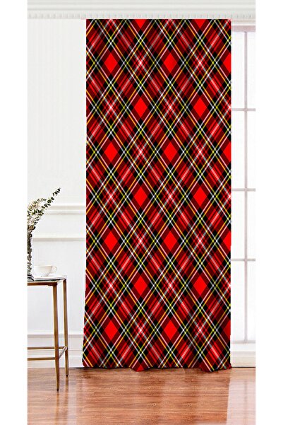 Realhomes Tek Kanat Kırmızı Zeminli Ekose Desenli Dekoratif Salon Fon Perdesi