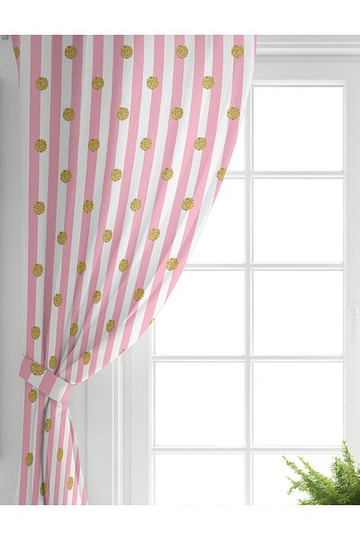 Realhomes Pink Striped Gold Dotted Special Designed Single Wing Living Room Background Curtain