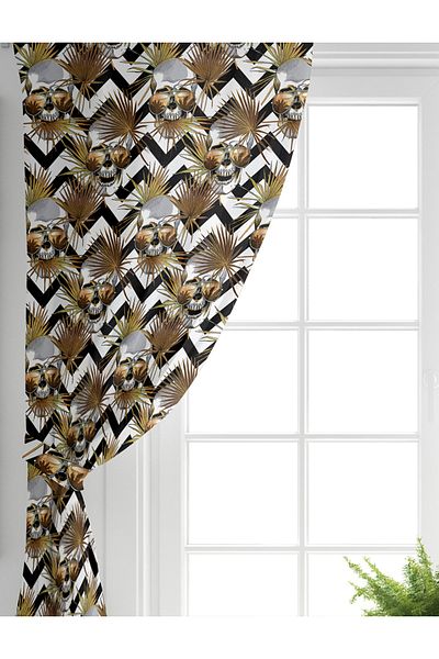 Realhomes Single Wing Skull Patterned Geometric Living Room Background Curtain