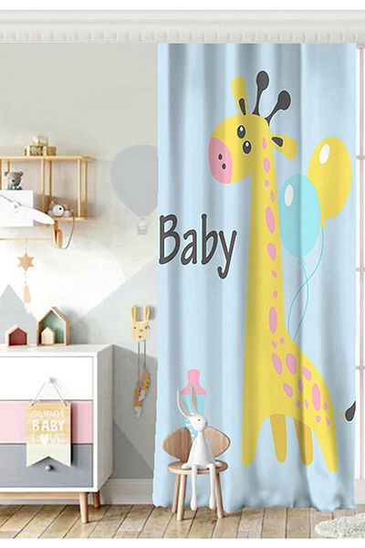 Realhomes Cortina de fundal cu design special pentru camera pentru bebeluși cu model de balon și girafe pe fundal albastru cu o singură aripă