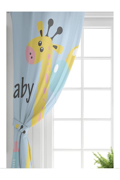 Realhomes Cortina de fundal cu design special pentru camera pentru bebeluși cu model de balon și girafe pe fundal albastru cu o singură aripă