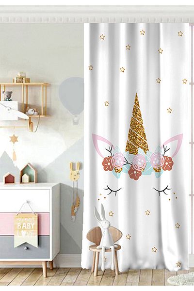 Realhomes Cortina de fundal pentru cameră pentru copii cu o singură aripă cu design alb unicorn