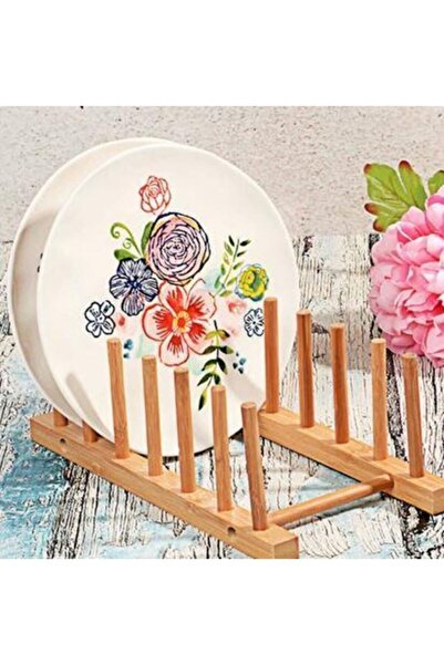 CMT Dekoratif 6'lı Doğal Ahşap Tabak Koyma Standı Ahşap Tabaklık