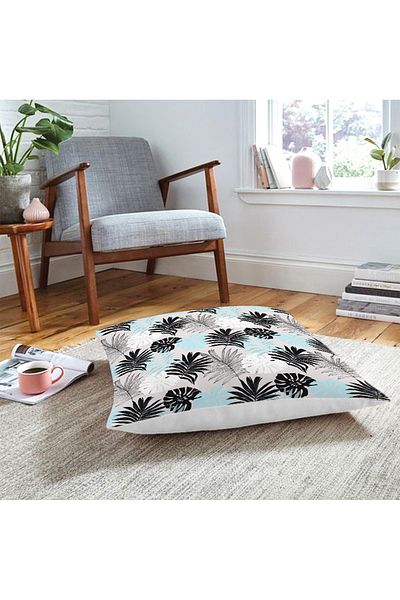 Realhomes Pernă decorativă de podea cu motiv de frunze uscate negre pe fundal albastru