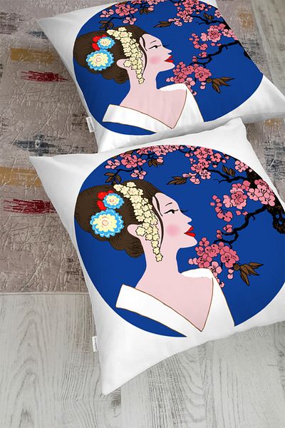 Realhomes Pernă decorativă de podea cu model de fete japoneze cu motiv floral