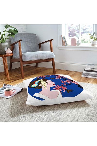 Realhomes Pernă decorativă de podea cu model de fete japoneze cu motiv floral