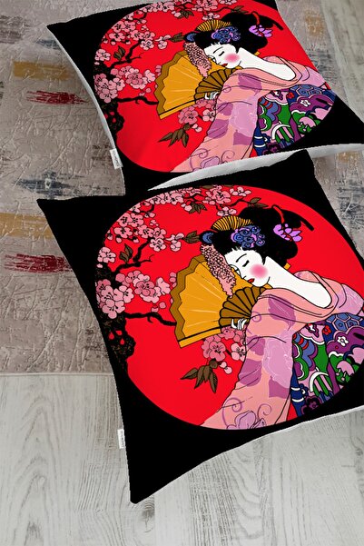 Realhomes Çiçek Desenli Yelpazeli Japon Kız Motifli Modern Yer Minderi