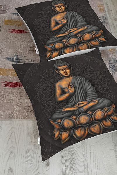 Realhomes Pernă de podea cu design special pe podea gri cu motiv Statuia lui Buddha