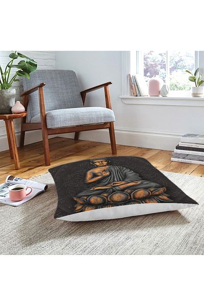 Realhomes Pernă de podea cu design special pe podea gri cu motiv Statuia lui Buddha