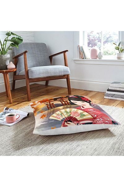 Realhomes Pernă decorativă de podea pentru femei japoneze cu motiv trandafir și suport pentru evantai