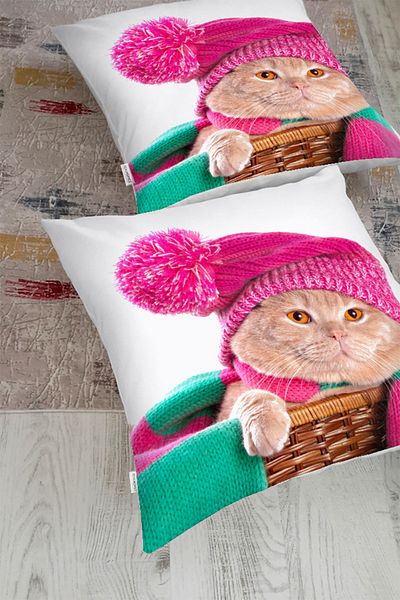 Realhomes Cute Kitten Decorative Floor Cushion with Pink Hat in the Basket