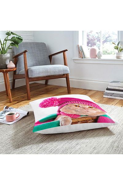 Realhomes Cute Kitten Decorative Floor Cushion with Pink Hat in the Basket