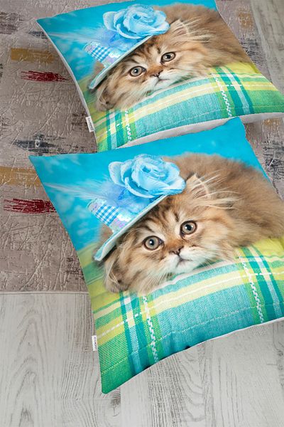Realhomes Cat Patterned Modern Floor Cushion with Blue Hat