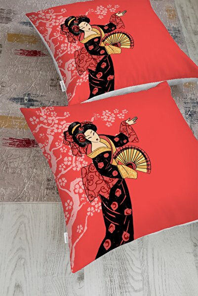 Realhomes Prenses Pembe Zeminli Yelpazeli Kadın Desenli Dekoratif Yer Minderi