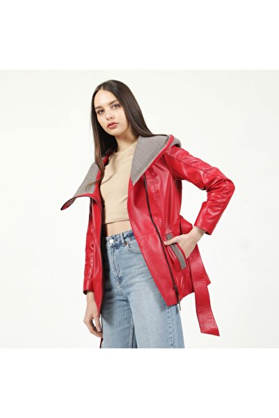 Dericlub Kadın Kırmızı Hakiki Deri Kaban