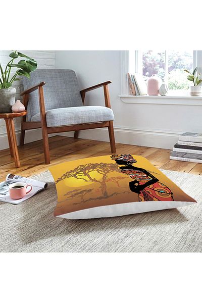Realhomes Pernă de podea cu motiv pentru femei africane cu podea de copac în apus de soare