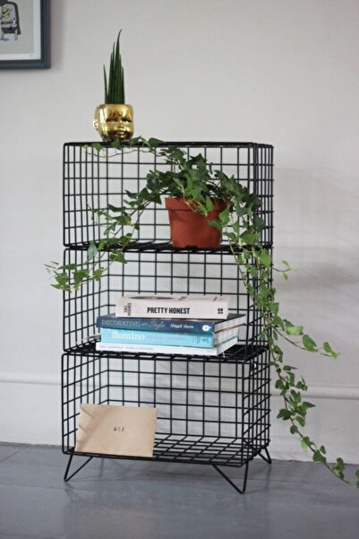 GO DEKOR Dekoratif Fonksiyonel Üç Parçalı (Katlı) Telli Kafes Raf - Siyah