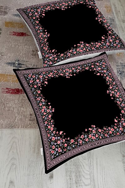 Realhomes Siyah Zeminde Pembe Çiçekler Özel Tasarım Dijital Baskılı Yer Minderi