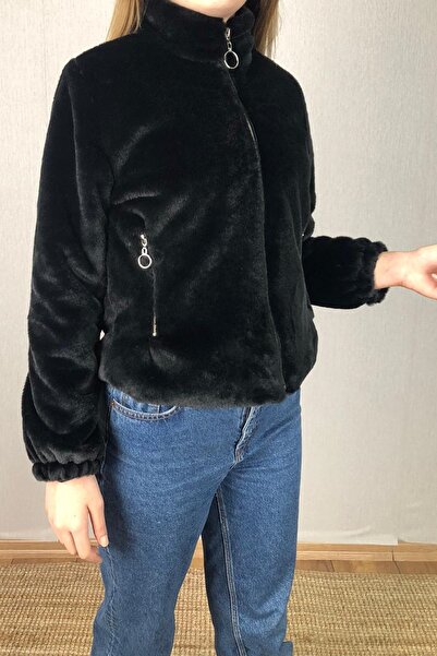 TwillCollection Kadın Siyah Fermuarlı Kürk Mont