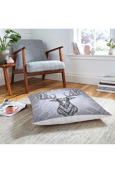 Realhomes Pernă de podea imprimată cu cerb geometric cu motiv stea pe fundal gri
