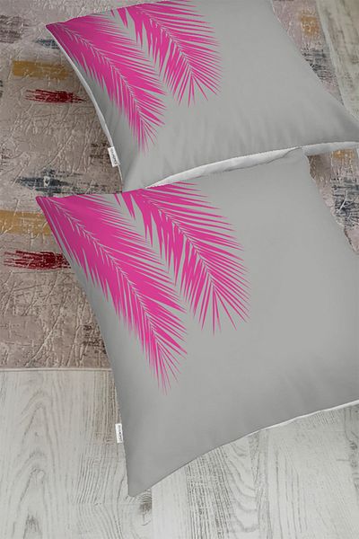Realhomes Pernă de podea cu motiv fuchsia frunze de palmier pe fundal gri