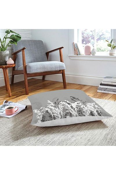 Realhomes Pernă de podea cu design special cu motiv de flori albe pe fundal gri