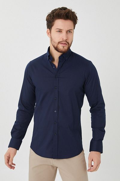 Pietra Paul Men's Navy Blue Slim Fit Plain Poplin Lycra Shirt