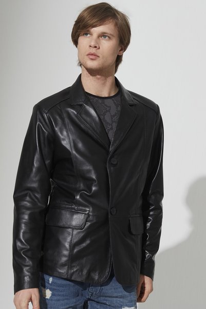 Dericeketim Erkek Siyah Blazer Günlük Gerçek Deri Ceket - Blazer