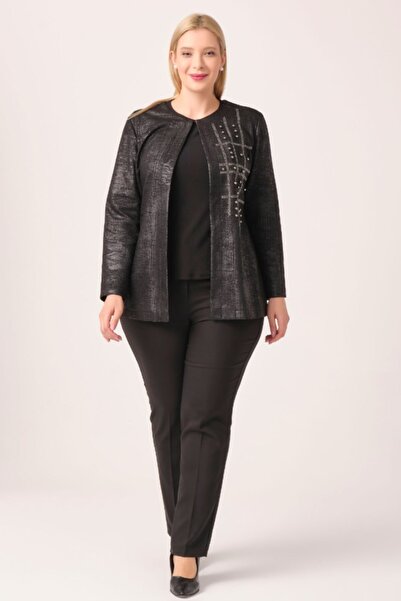 Oktay KAdın Siyah Önü Deri Patı İthal Taş Yapıştırmalı Cepli Büyük Beden İkil...