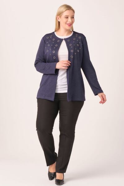 Oktay Kadın Lacivert İthal Örme Kumaş Göğüsleri Kuş Gözü Aksesuarlı Büyük Bed...