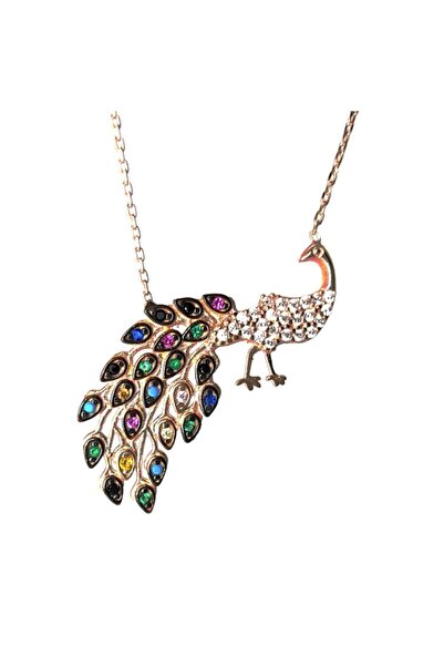 OSMANLI GÜMÜŞ Kadın Pembe Zümrüt ve Yakut Taşlı Tavus Kuşu Figürlü Gümüş Kolye