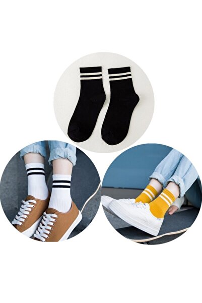 çorapmanya 6' Çift Kadın Siyah-hardal-beyaz Pamuklu Kolej Tenis Çorap