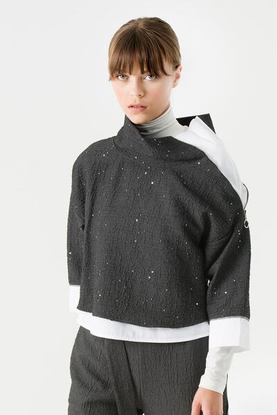 Genel Markalar Kadın Gri Omuzdan Fermuarlı Gömlekli Ceket