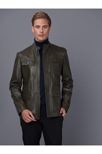 Basics&More سترة جلدية كاكي للرجال