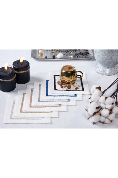 caka home design 6-Piece Cocktail Napkin Iris Embroidered Linen Effect ( Black )