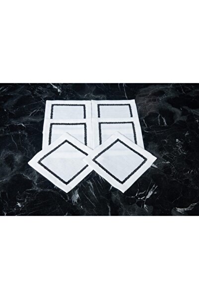 caka home design 6-Piece Cocktail Napkin Iris Embroidered Linen Effect ( Black )