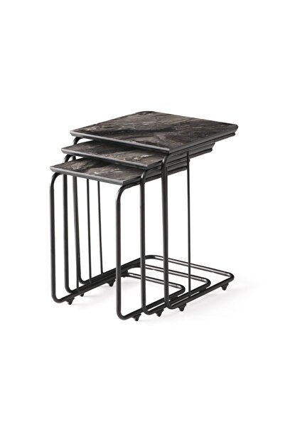 OnurMobilyaEvimde Zigon Sehpa Takımı C Zigon Sehpa Mat Siyah Mermer Desen