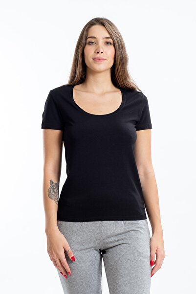 SEASOUL Kadın Siyah Bambu Kısa Kollu T-shırt